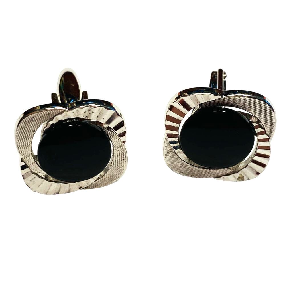 Vintage Cufflinks Textured Dimensional Silver & Polished Black Stones Speidel?